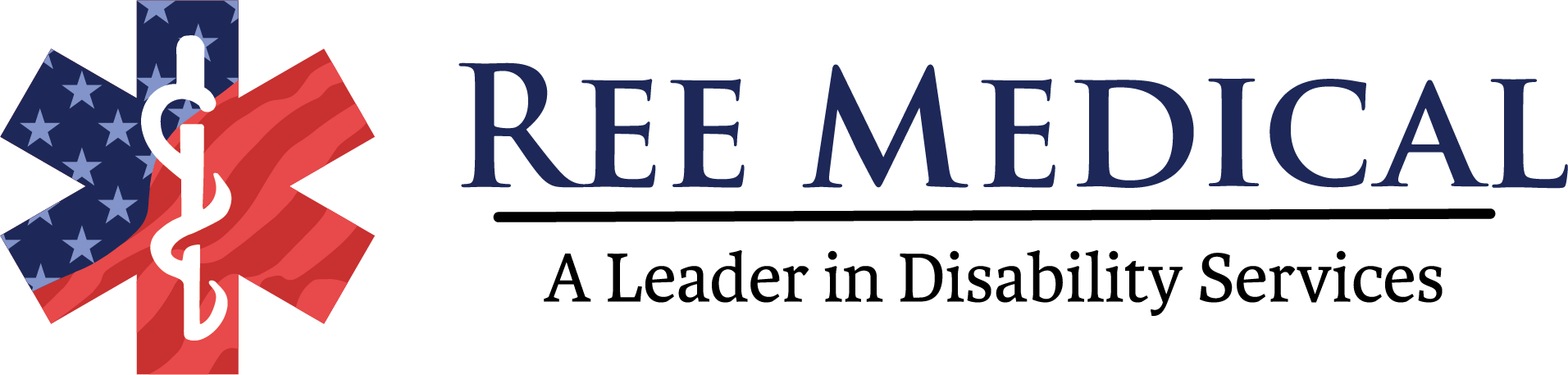 REE Medical Logo A Leader in Disability Services - Full Color Blue and Red Medical Image with Blue Font